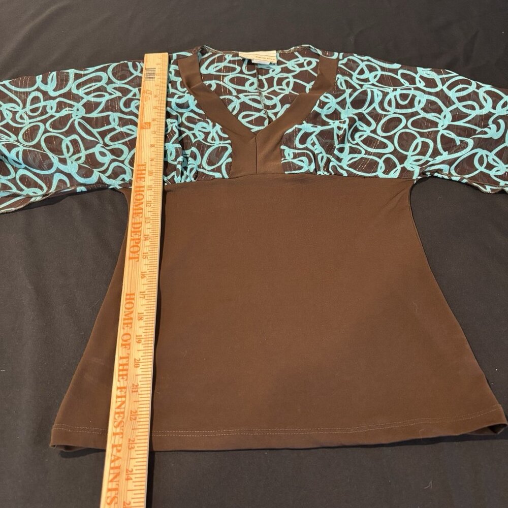 VTG Y2K Carrie Allen Women's Brown Blue Sheer BabyDoll Blouse Sz‎ Large Metallic - Picture 10 of 12